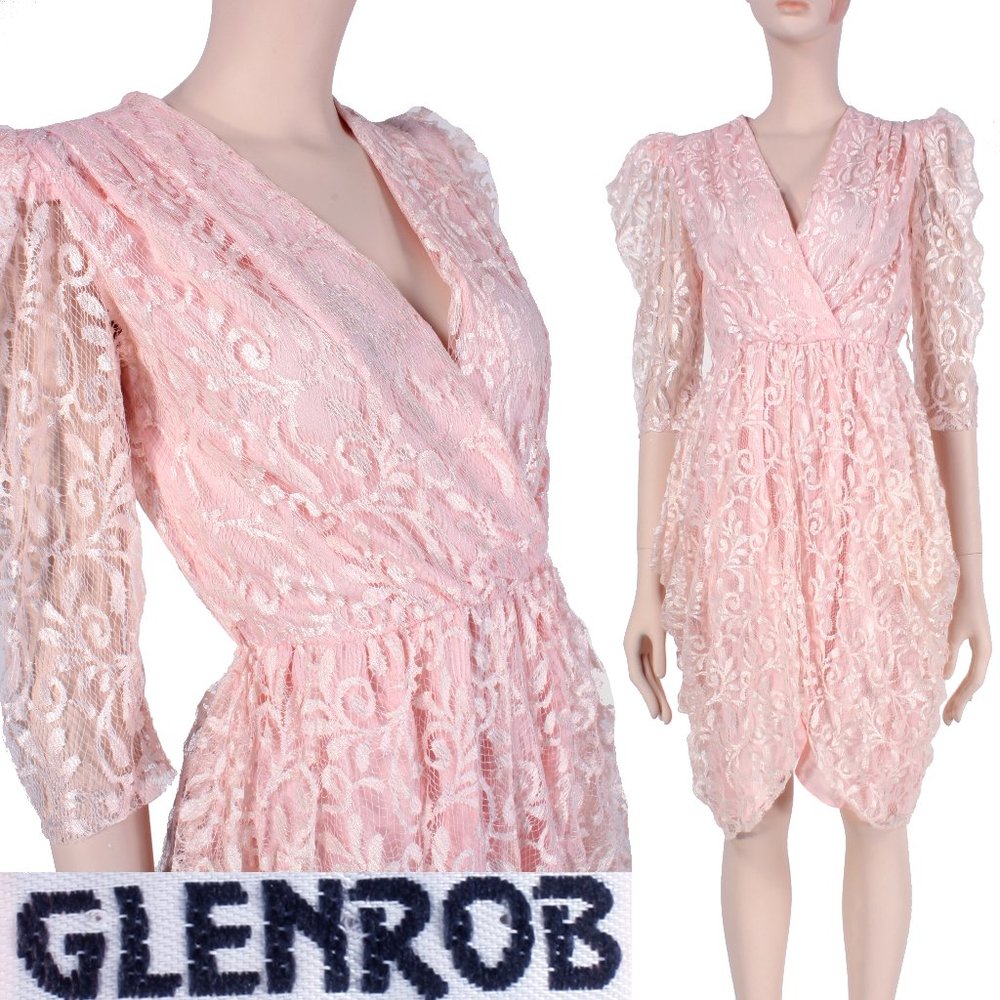 S Vintage 1980s GLENROB Pastel Pink Lace Frilly Deep V Harem Party Dress 70s 80s